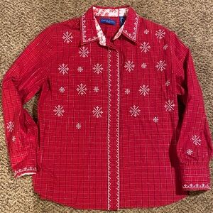 Karen Scott Sport Red Plaid Shimmer Snowflake Embroidered button down Shirt